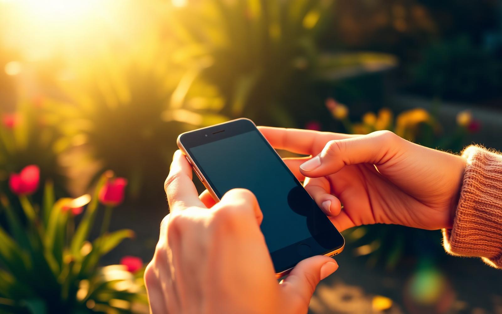 Manos sosteniendo un teléfono en un jardín iluminado