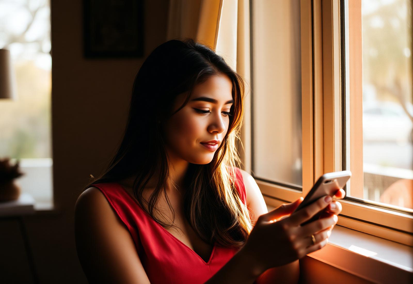 Mujer joven mirando su teléfono junto a una ventana con luz cálida